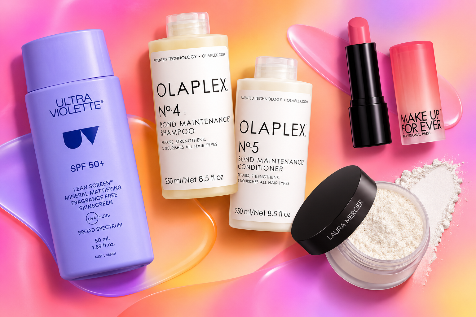 Multiple product, suncream, lipstick, hair conditioner and powder on a colourful background.